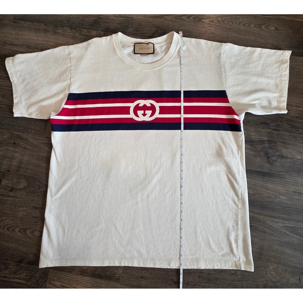 Gucci Off White Red Blue Stripe Logo T Shirt Men's sz L Made in Italy Luxury - Picture 3 of 13